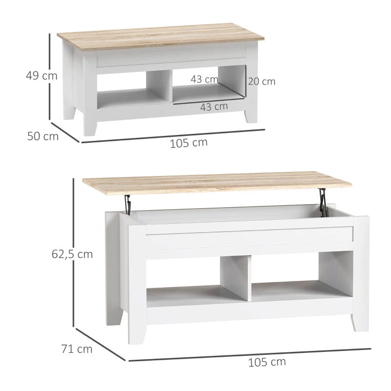 HOMCOM Table basse plateau relevable, table de salon avec étagères et compartiment caché,105 x 50 x 49-62,5 cm blanc