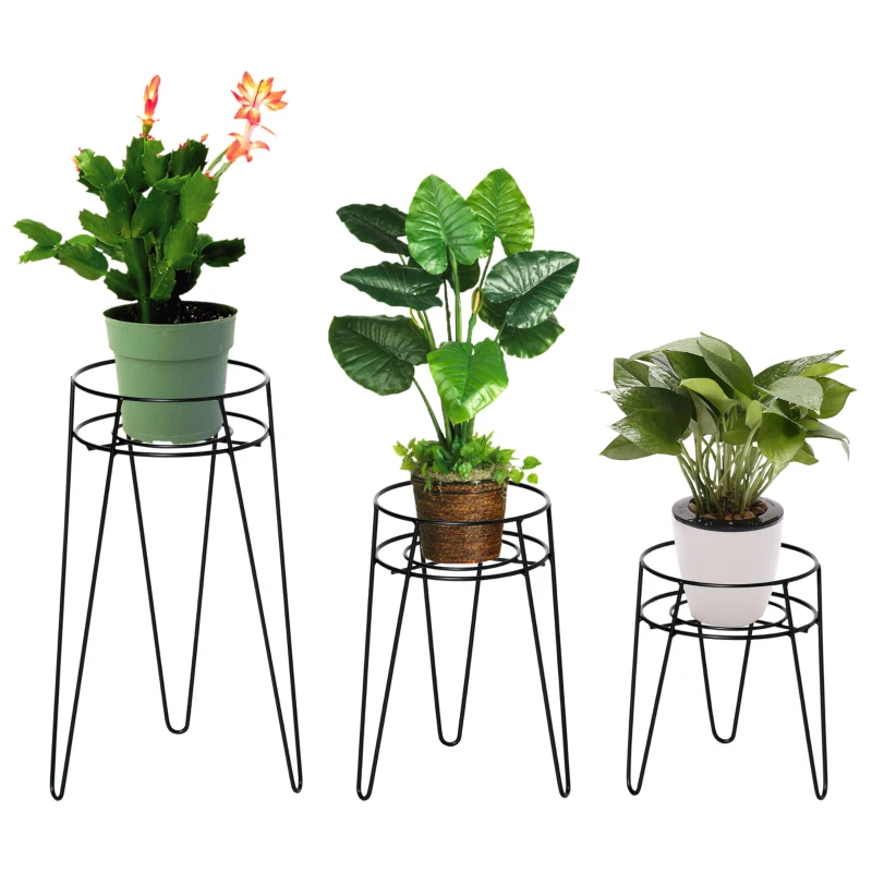 Outsunny Set 3 Suporturi metalice pentru plante, înălțimi 23,5/30/42 cm, suporturi pentru ghivece, negru