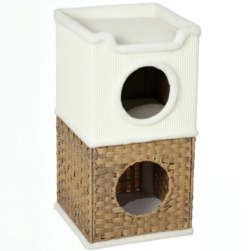 PawHut Casa pentru pisici de interior cu 3 nivele, casa pentru pisici cu zgâriere din sisal pentru zgâriere 41 x 41 x 75,5 cm, crem