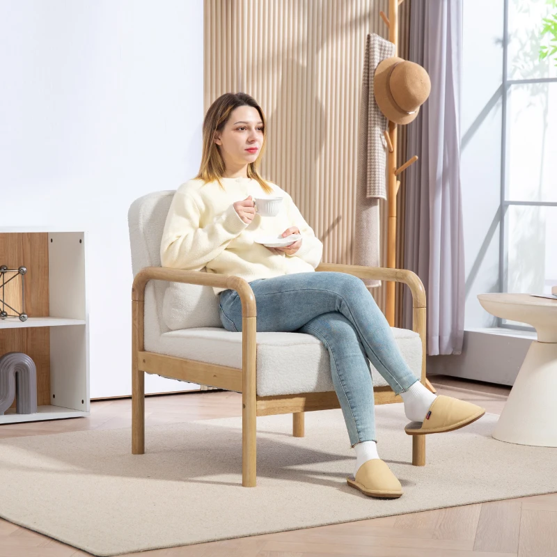 HOMCOM Fotoliu cu accent, Fotoliu tapitat cu material, Cadru din lemn de cauciuc, Fotoliu modern cu pernă, Alb