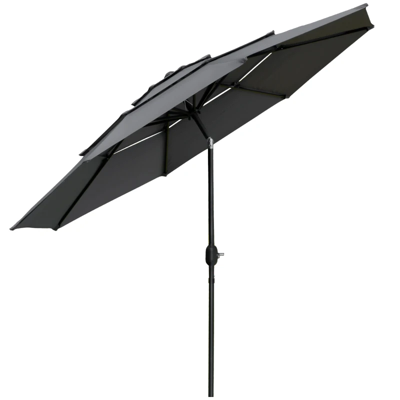 Outsunny Umbrelă de grădină exterioară umbrelă inclinabilă Ø 2,85 x 2,5 m cu manivelă, 2 deschideri, pânză 180 g/m², anti-UV, gri