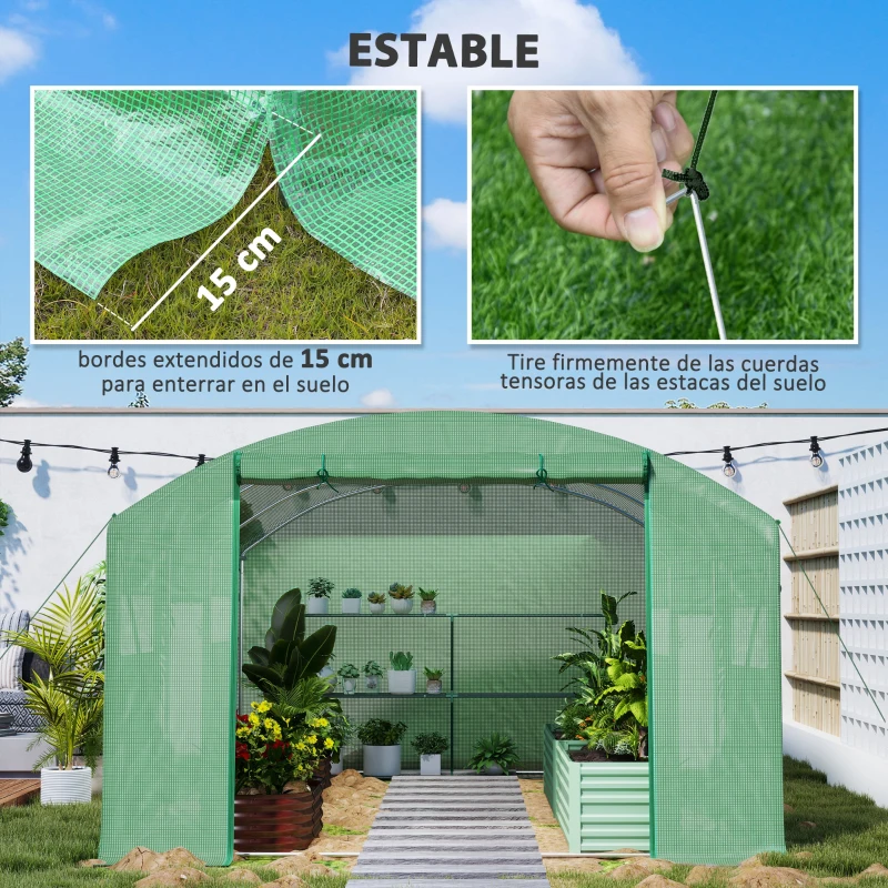 Outsunny Invernadero de Túnel 4x3x2 m con 6 Ventanas 3 Puertas Enrollables Cubierta de PE y Estructura de Acero Galvanizado Verde