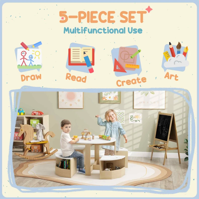 AIYAPLAY Five-Piece Kids Table and Chairs Set with Storage, for Ages 3-8 Years, White