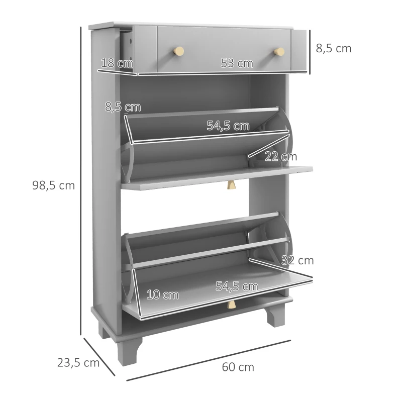 HOMCOM Mobilier Pantofar Ingust cu 2 Usi Basculante si 1 Sertar pentru 8 Perechi de Pantofi 60x23,5x98,5 cm Gri