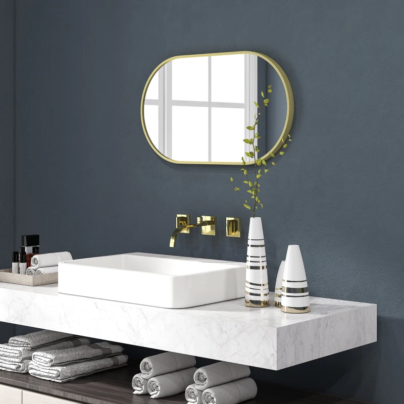 HOMCOM Marele miroir oval de perete cu cadru din aluminiu în stil minimalist, montaj vertical sau orizontal cu 3 cârlige, 40 x 70 cm, auriu