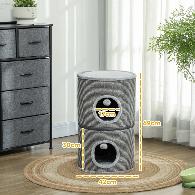 PawHut Tour pentru pisici modular tonou zgâriat pisici cu fermoar separabil 3 nivele două mingi Ø 42 x 69H cm gri