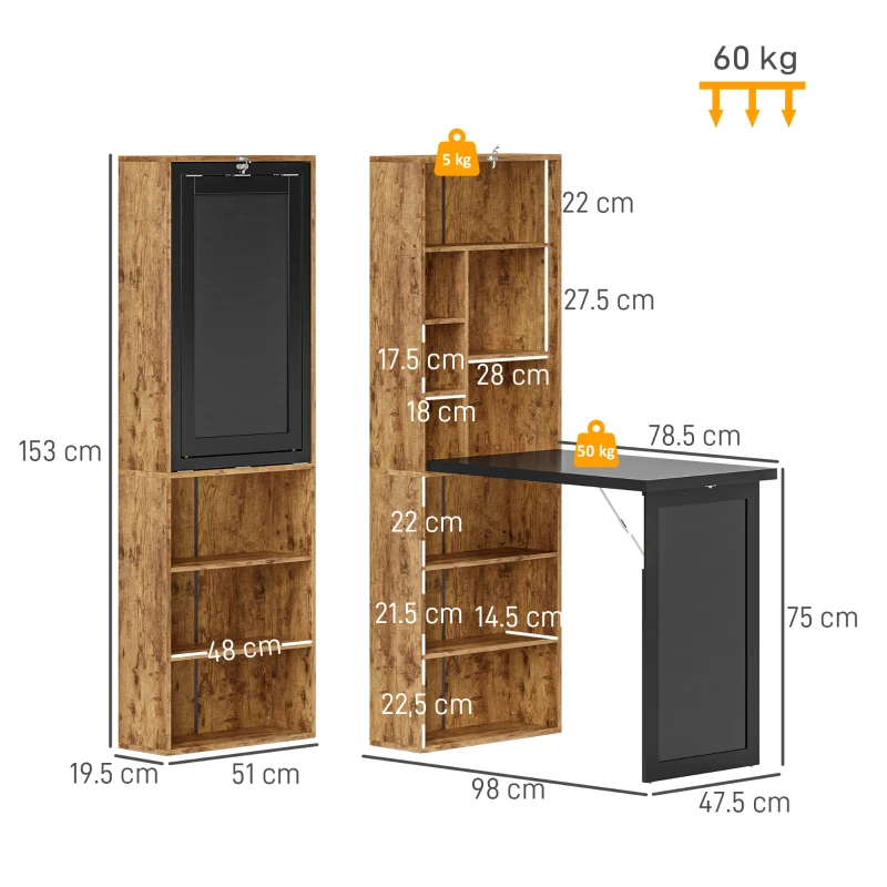 HOMCOM Birou de calculator pliabil cu bibliotecă, stație de lucru, tablă neagră și raft reglabil, 98x51x153cm, măr brun
