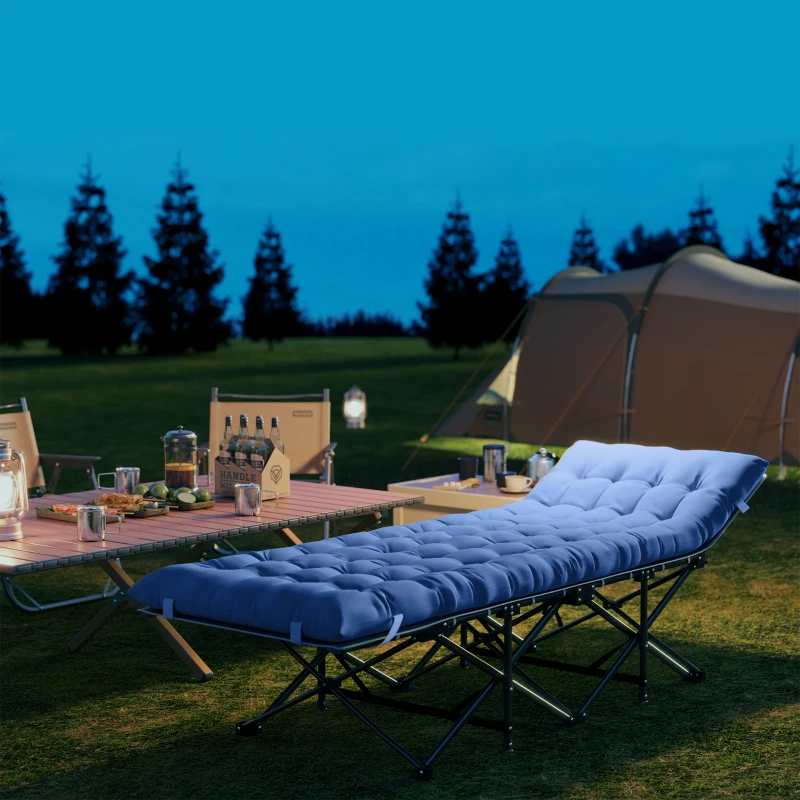 Outsunny Pat pliabil de camping cu saltea pernă buzunar lateral 190 x 65 x 37 cm până la 150 kg Albastru închis