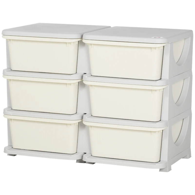HOMCOM Organisateur de jouets pour enfants à 3 niveaux avec 6 tiroirs, boîtes de rangement en plastique, 75x37x56,5cm, crème