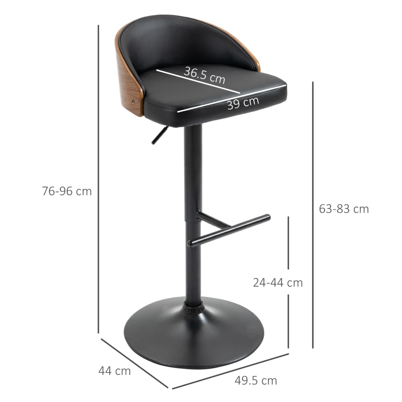 HOMCOM Scaune de Bar Set 2 buc., Scaun de Bar Tapitat din Oțel și Lemn Masiv, Înălțime Reglabilă pentru Bucătărie cu Suport pentru Picior, Rotativ 360°, Scaun de Bar pentru Bucătărie, Sufragerie, Sală de Mese, Negru+Cafea