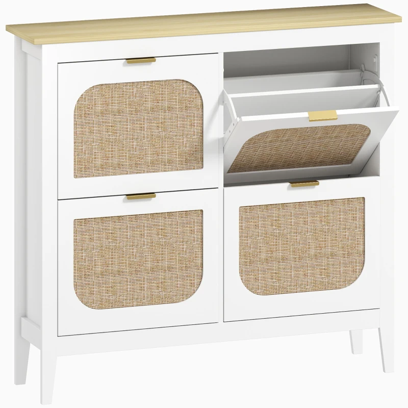 HOMCOM Zapatero Estrecho con 4 Puertas de Ratán Estantes Ajustables para 20 Pares de Zapatos 105x24x95,5 cm Alb