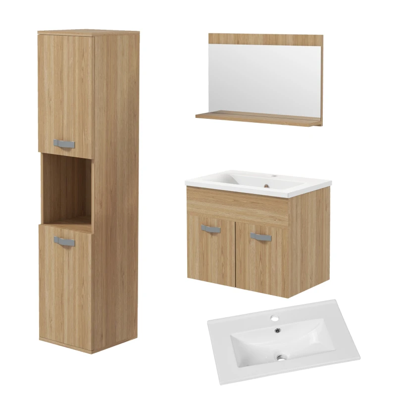 kleankin Conjunto de Muebles de Baño de Pared 3 Piezas Incluye Espejo Armario con Lavabo Cerámico y Columna de Baño Natural
