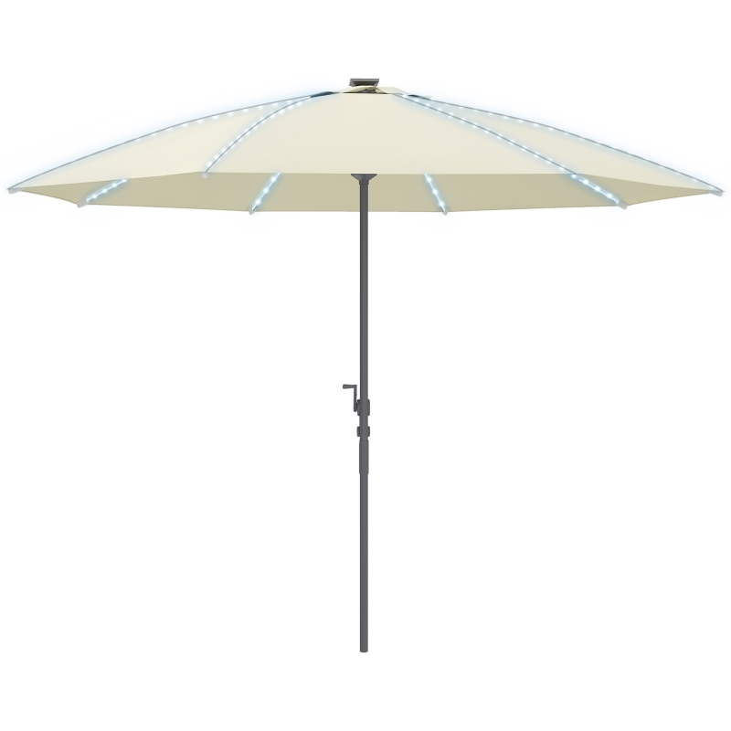 Outsunny Umbrelă Terasă Exterioară cu Lumini LED Protecție UV50+ Stâlp din Aluminiu Manivelă Acoperiș Ventilat Ø300x256 cm Crem