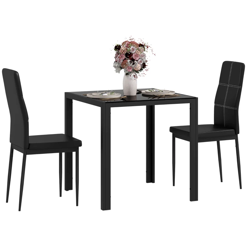 HOMCOM Set masă și scaune pentru 2 persoane, blat rectangular din sticlă, pentru bucătărie living acasă, negru