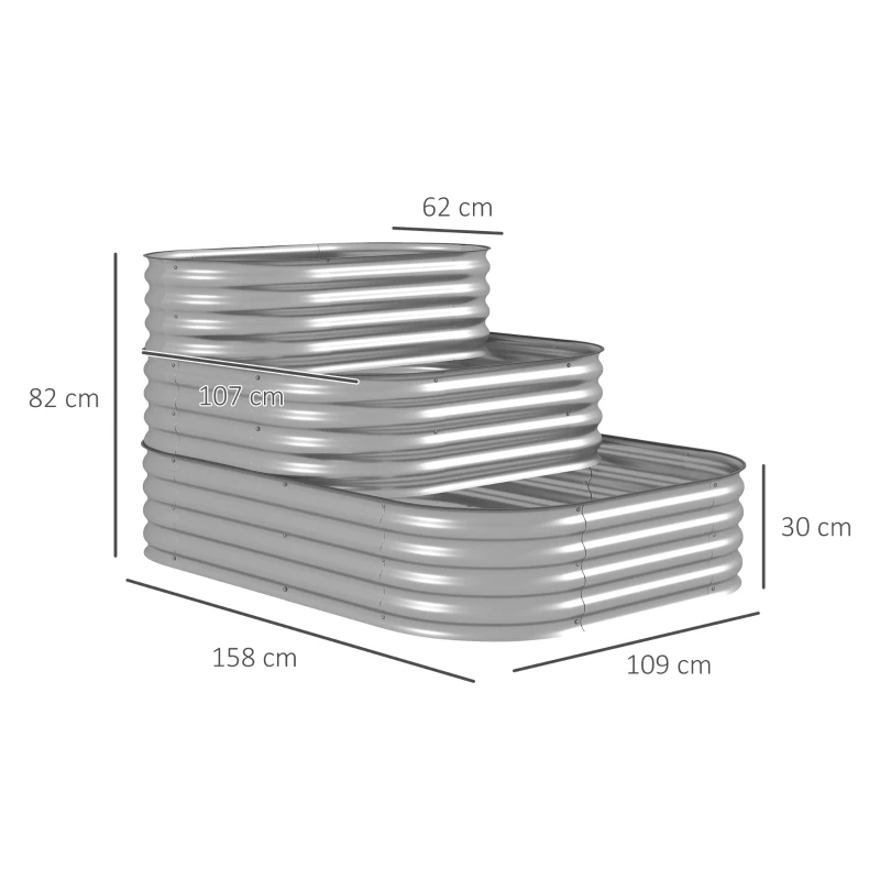 Outsunny Pat înalt cu trepte în aer liber, Cutie de plante pentru flori, 3 trepte, 158 cm x 109 cm x 82 cm, Argintiu