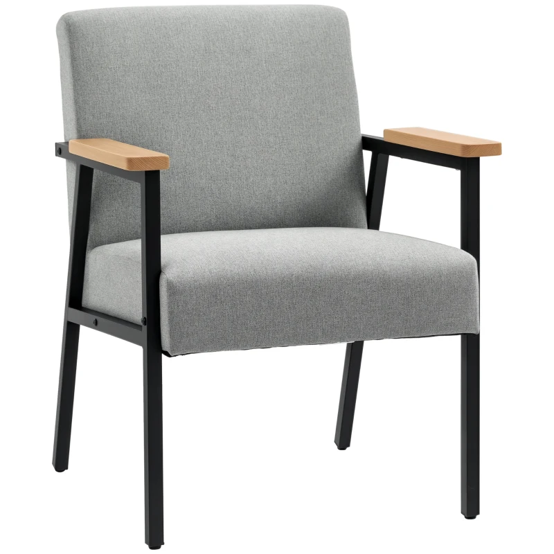 HOMCOM Fotoliu de accent în design scandinav, fotoliu de repaus, fotoliu de accent, aspect de in, lemn de cauciuc, Gri + Negru + Maro