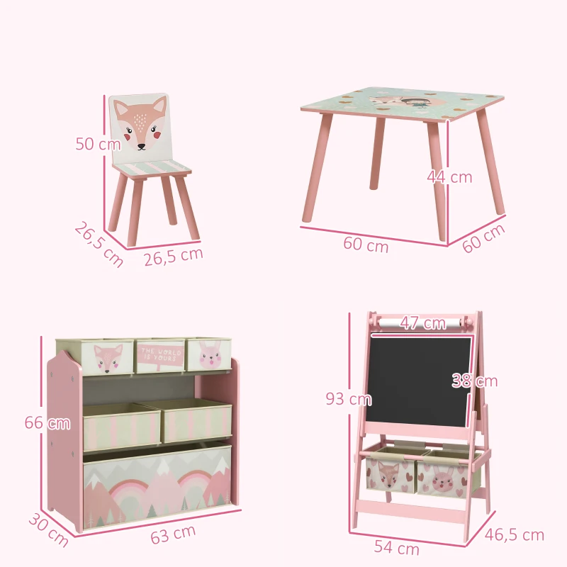 Table et 2 chaises pour enfants + tableau chevalet double-face + meuble à jouets de rangement à 6 boîtes, rose
