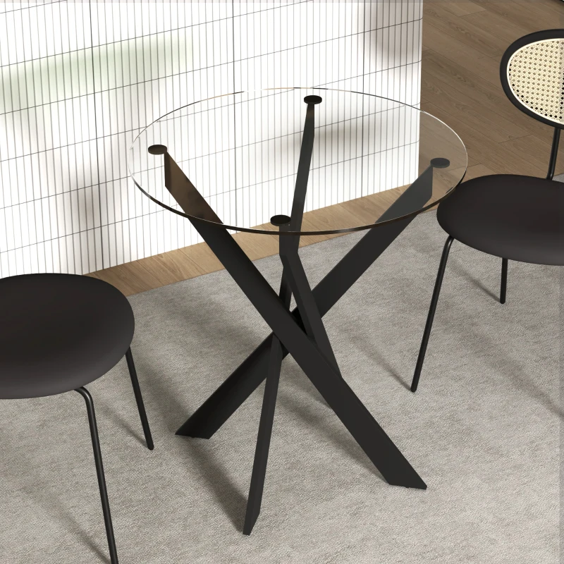 HOMCOM Masa de dining din sticla, diametru 70 cm, cu placa de sticla securizata si picioare din metal, pentru 4 persoane