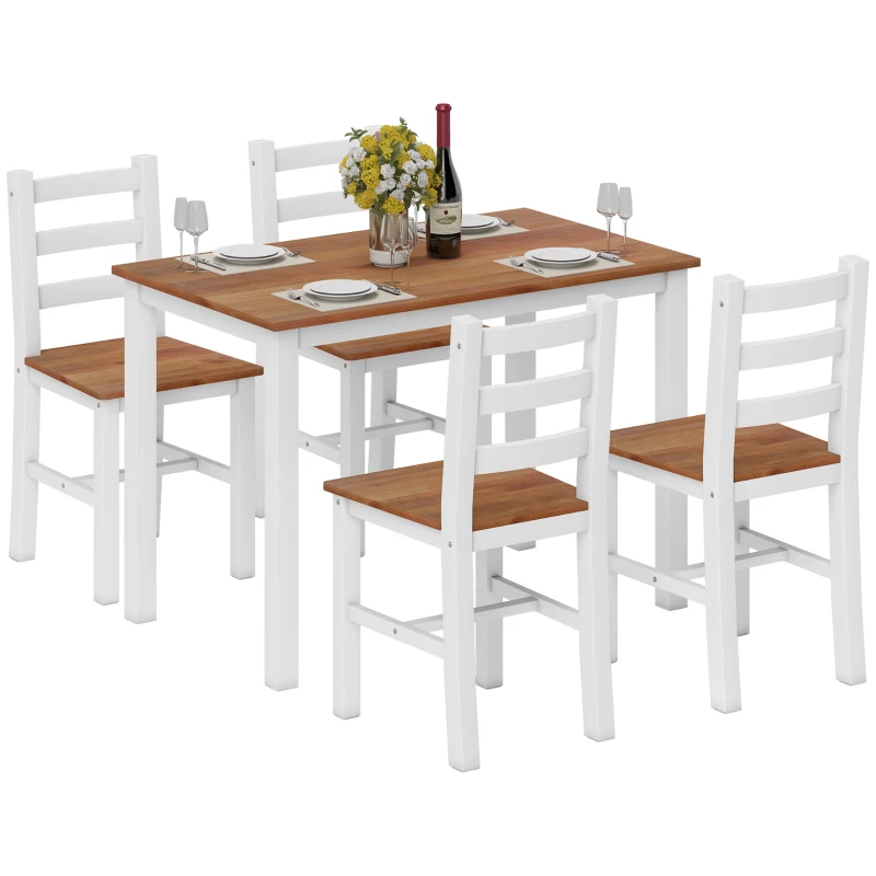 HOMCOM Set de masă, masă de cină, 4 scaune, set de dining, pin, maro, alb