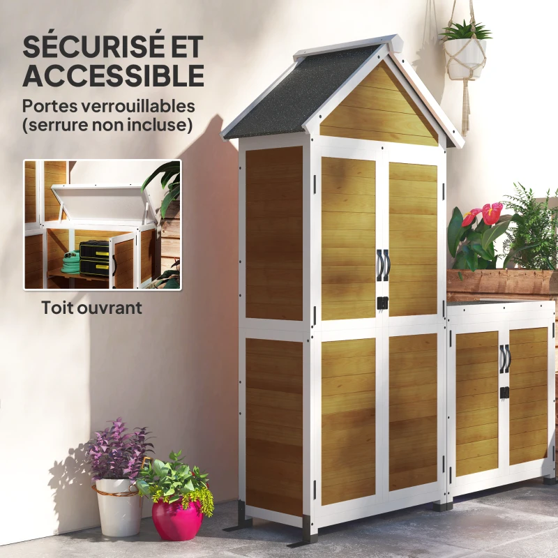 Outsunny Abri de jardin + armoire de rangement en bois cu toit incliné en asfalt, rafturi și uși blochează, natural
