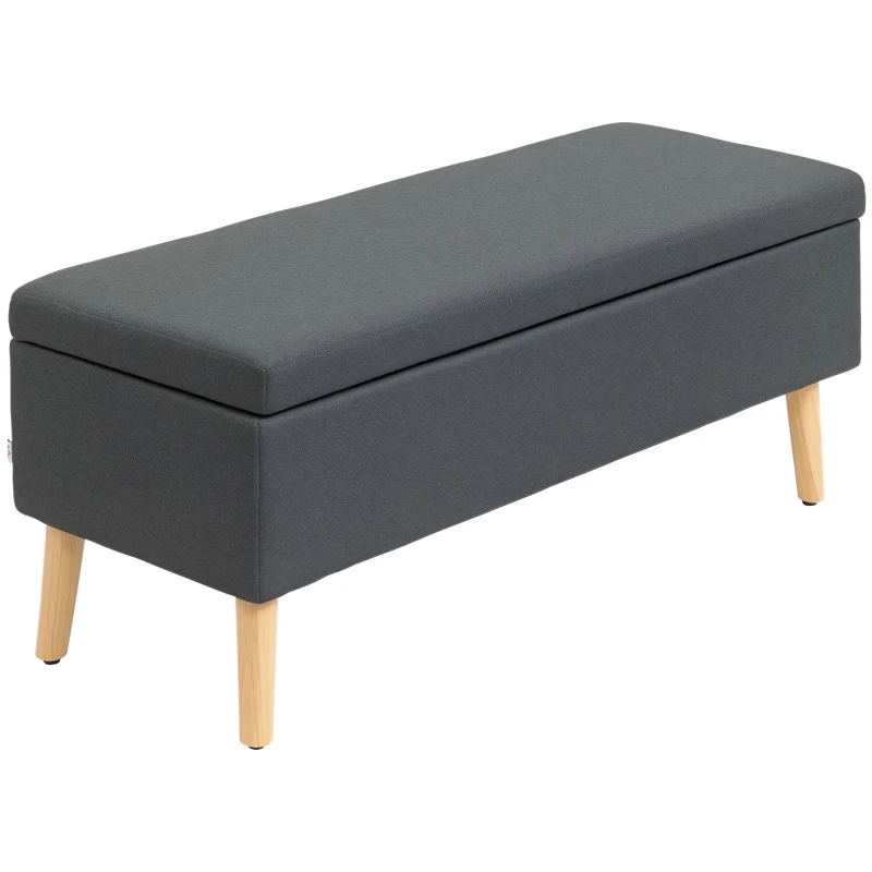 HOMCOM Bancă tapițată cu depozitare, bancă de dormit în model de in, lemn de cauciuc, 110 x 39 x 45 cm, Gri închis