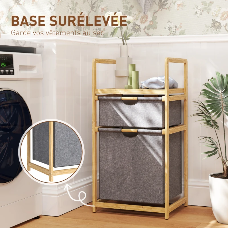 HOMCOM Coș de rufe din bambus coș de rufe murdare cu 2 saci din material textil culisante și raft cu lamele, natural