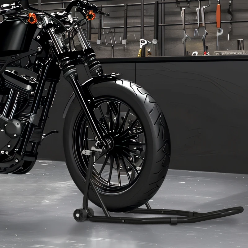 HOMCOM Suport motociclete, bază față cu brațe oscilante U și L, suport universal pentru atelier, negru.