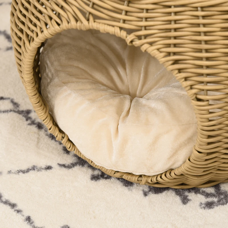 PawHut Coș casă pentru pisici 2 etaje din rășină împletită aspect răchită cu 1 pernă moale Ø 40 x 30 cm maro deschis