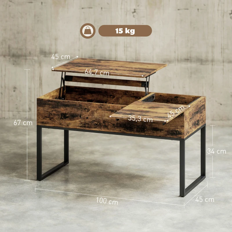 HOMCOM Masă de Cafea Extensibilă cu Encimera Desfășurabilă Închidere Moale Spațiu Ascuns de Depozitare 100x45x67 cm Marrón Rústico