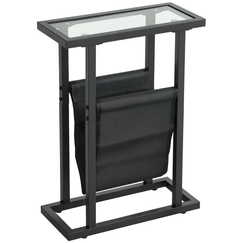 HOMCOM Masă auxiliară îngustă, cu suport pentru reviste și blat din sticlă temperată, 40 x 18 x 55,5 cm, negru