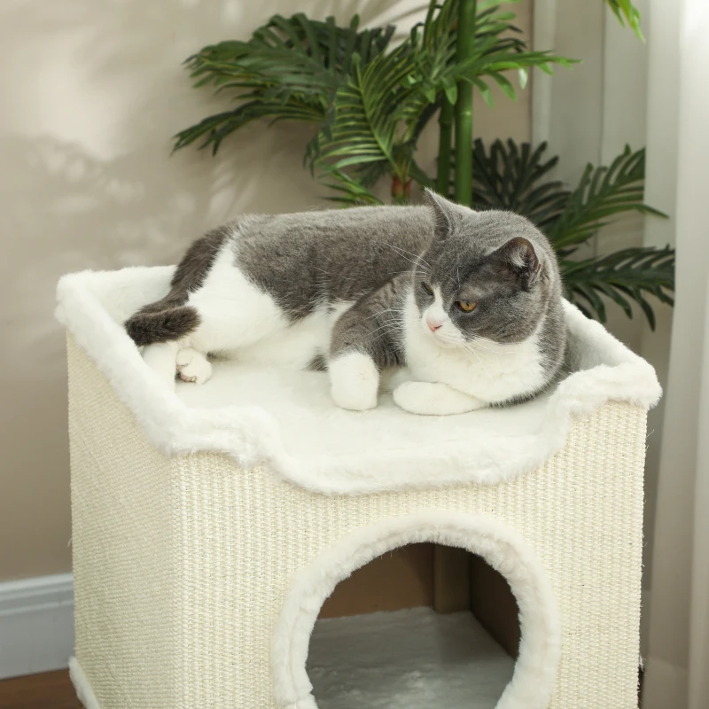 PawHut Casa pentru pisici de interior cu 3 nivele, casa pentru pisici cu zgâriere din sisal pentru zgâriere 41 x 41 x 75,5 cm, crem