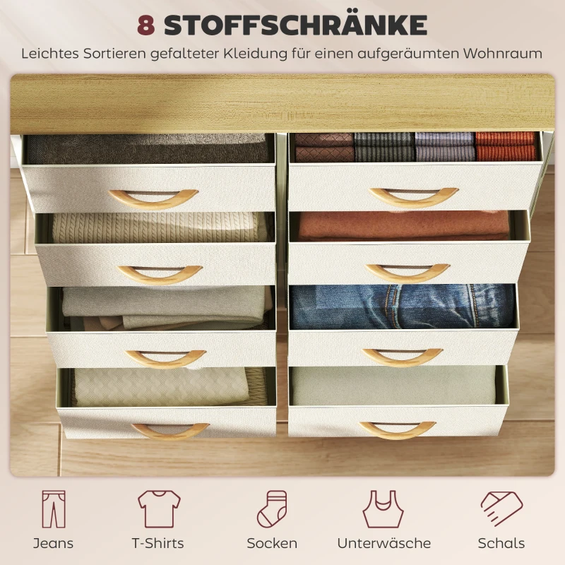 HOMCOM Schlafzimmer-Kommode mit 8 Stoffschubladen, Stahlstreben, Holzoberfläche, 4 Aufbewahrungstaschen, 2 Haken, Beige