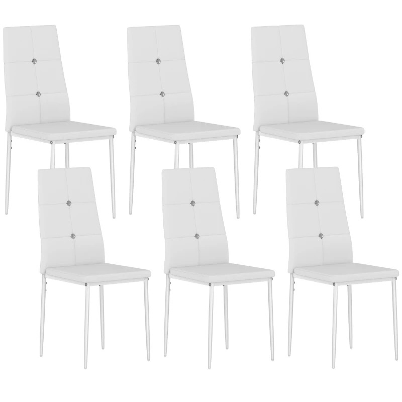 HOMCOM Set de 6 Scaune de Dining Tapizate în PU cu Spătar Înalt cu Butoane și Picioroare de Oțel Design Modern Alb