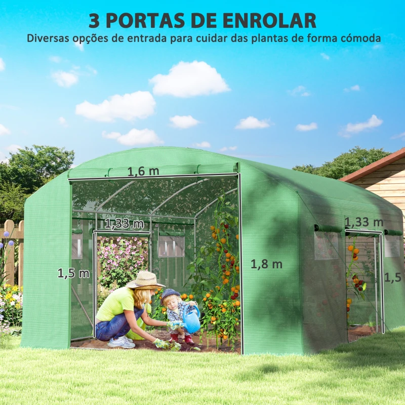Outsunny Estufa tipo Túnel 397x300x200 cm Estufa de Exterior com 4 Janelas de Malha Cobertura de PE Anti UV e 3 Portas Enroláveis Verde