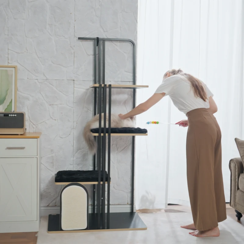 PawHut Pom de Joaca, Design Industrial, 3 Platforme, 2 Perne de Dormit, Placa de Zgariat, Structura din Otel, negru, 85 x 48 x 170 cm