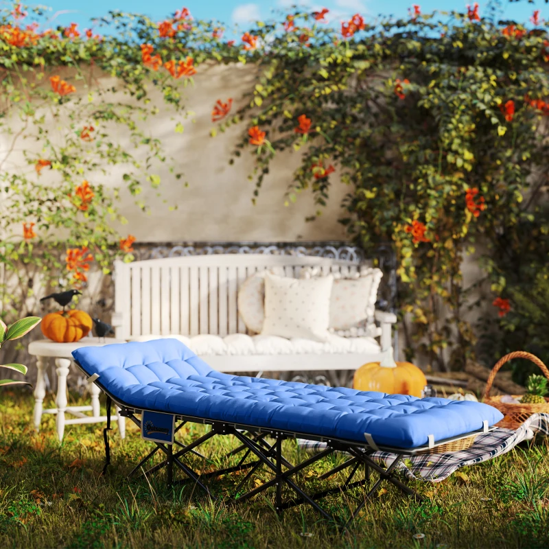 Outsunny Pat pliabil de camping cu saltea pernă buzunar lateral 190 x 65 x 37 cm până la 150 kg Albastru închis