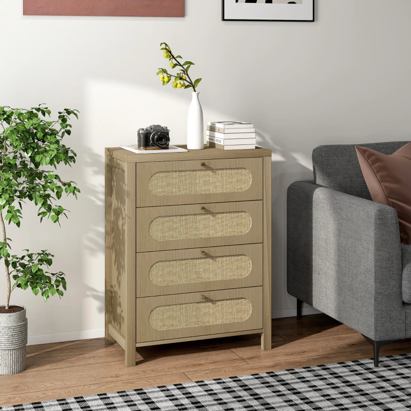 HOMCOM Comodă 4 sertare mobilier de depozitare stil boemian cu uși din răchită, 70 x 38 x 93 cm, efect lemn natural