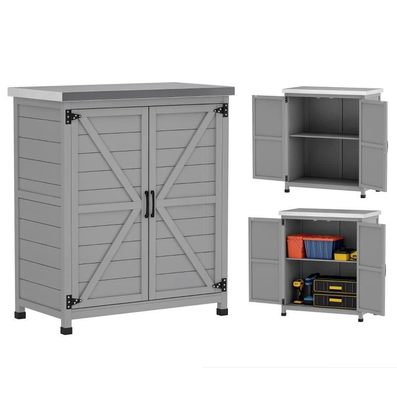 Outsunny Dulap de grădină cu suprafață de lucru, dulap unelte exterior, lemn masiv și oțel, 79L x 43l x 92Î cm, gri