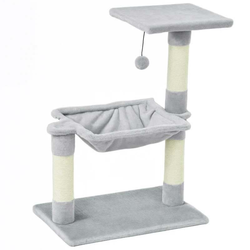 PawHut Arbore de pisici 3 dălți zgărie sisal natural platformă hamac și minge suspendată 50 x 26 x 70 cm pluș scurt gri