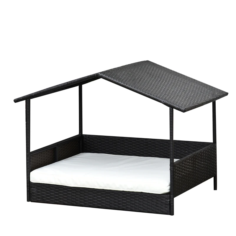 PawHut Pat pentru câini din ratan cu acoperiș, cadru metalic, pentru exterior, 69x98x70 cm, Maro Cafea