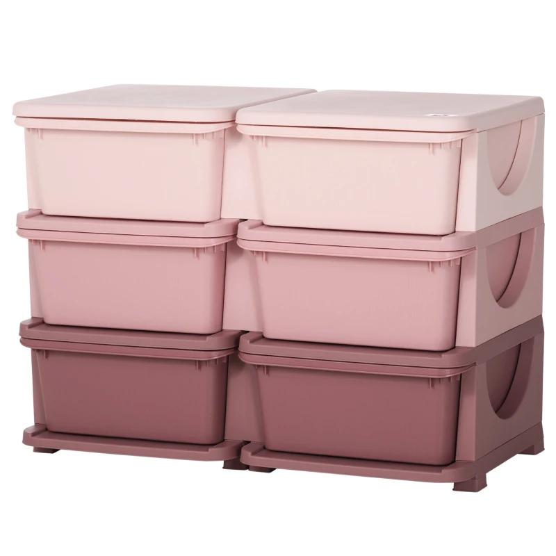 HOMCOM Organisateur de jouets pour enfants à 3 niveaux avec 6 tiroirs, boîtes de rangement en plastique, 75x37x56,5cm, rose
