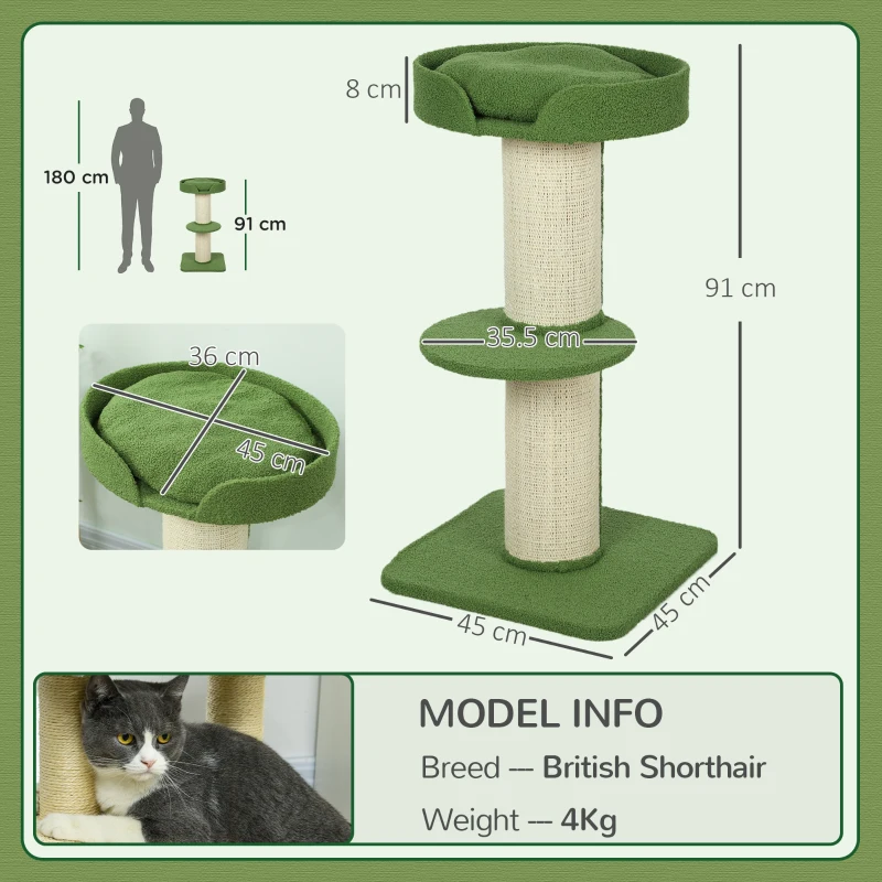 PawHut Copac pentru Pisici 91 cm Copac de Joaca cu Pat pentru Pisici, Platforma acoperita cu lana de oaie Verde
