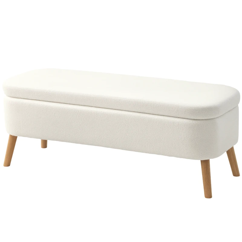 HOMCOM Tabouret de Rangement, Tabouret Rembourré avec 65 L de Stockage, Repose-Pieds, Tissu en Polaire, Bois de Caoutchouc, Mousse, 120 x 42 x 45 cm, Blanc Crème