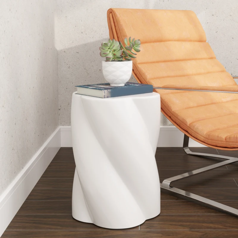 Outsunny Scaun de ceramică în formă spiralată, rezistent la 120kg Ø33 x 45 cm, rezistent la intemperii, scaun de grădină cu capac alb