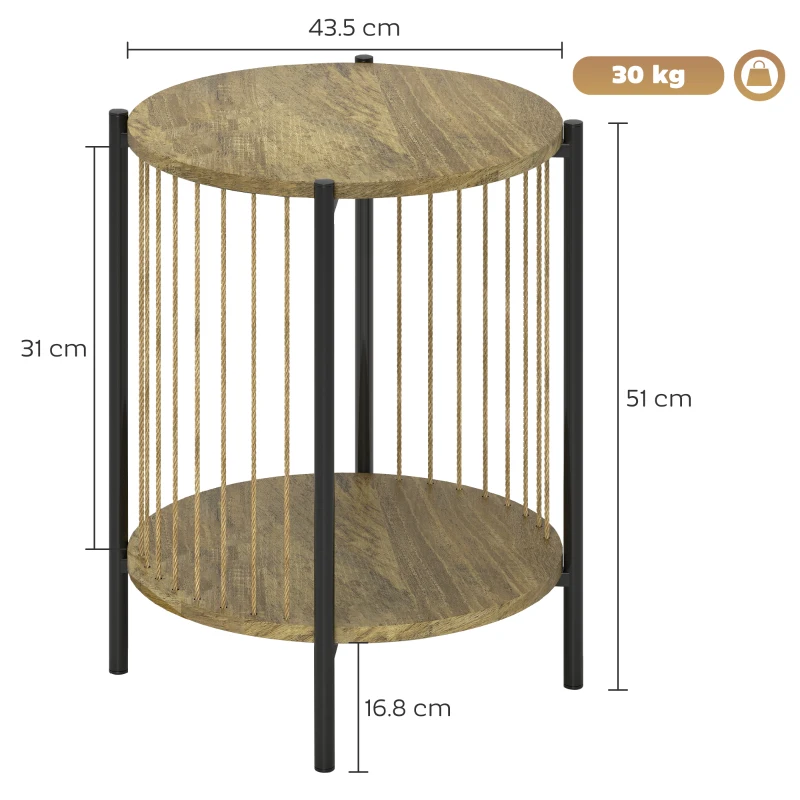 HOMCOM Masă Auxiliară Rotundă de 2 Nivele cu Raft și Structură de Oțel 43,5x43,5x51 cm Lemn Natural