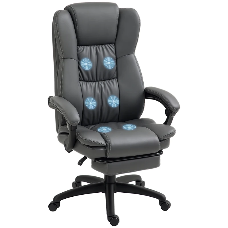 Vinsetto Scaun de birou reglabil cu suport pentru picioare, tetiere, funcție de masaj, piele ecologică, 68,5x68,5x113-121cm, Gri închis