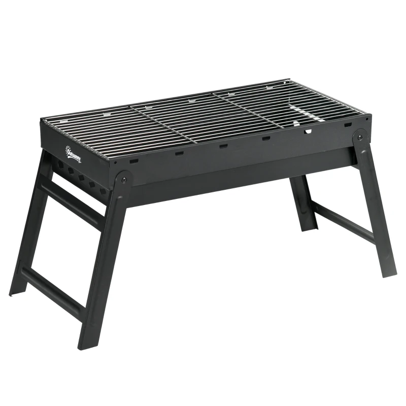 Outsunny Grătar la cărbuni de lemn pliabil portabil Grătar BBQ pe picioare cu tava de cărbuni detasabila 74L x 30l x 37H cm