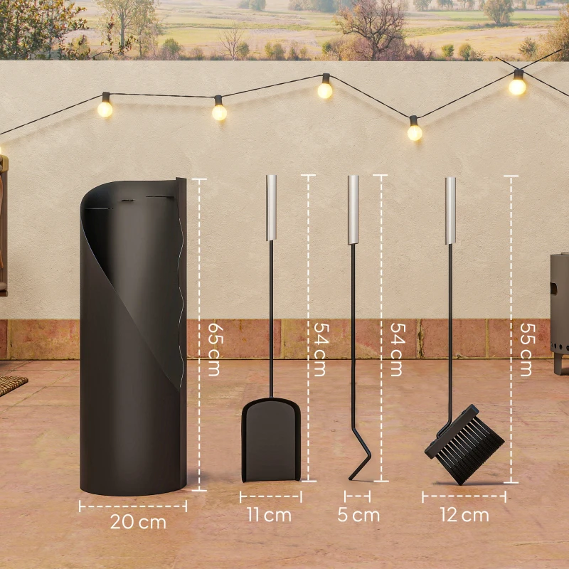 Outsunny Conjunto de Acessórios para Lareira de 4 Peças de Metal com Vassoura Pá Atiçador e Balde 20x20x65 cm Prateado