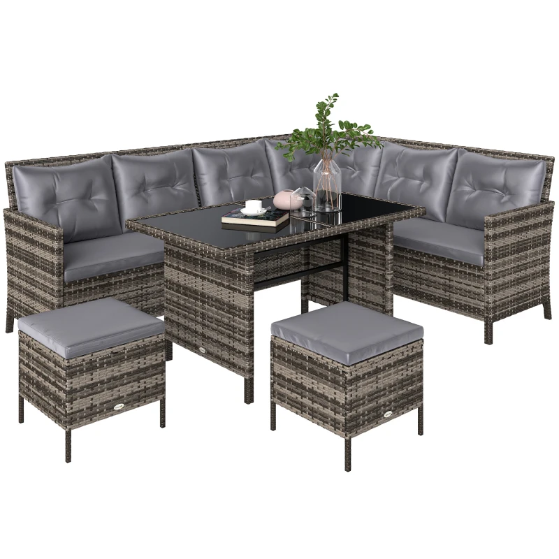 Outsunny Set mobilier grădină din ratan PE, pentru 5 persoane, perne detașabile, Gri, Maro