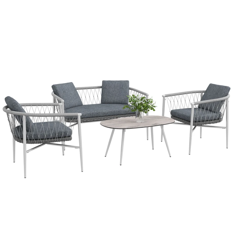 Outsunny Mobilier de grădină, 4 piese, Funcție de leagăn, Perne pentru șezut, Rattan PE, Cadru metalic, Gri